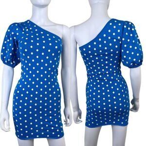 Zara Women Size S Blue Polka Dot One Shoulder Puff Sleeve Mini Bodycon Dress